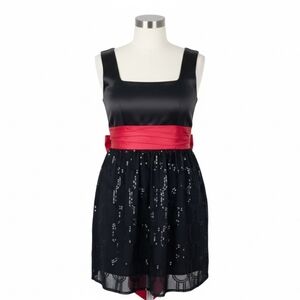 VTG 90s Y2K City Triangles Black Sequined Prom Party Dress w/ Red Bow Sash Sz 13